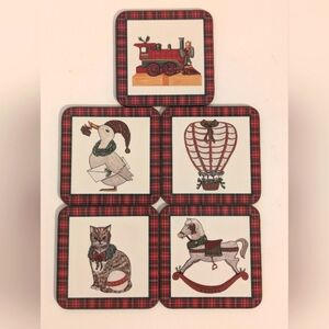 Pimpernel Vtg‎ Tartan Christmas Set of 5 Cork Backed Coasters Made in England